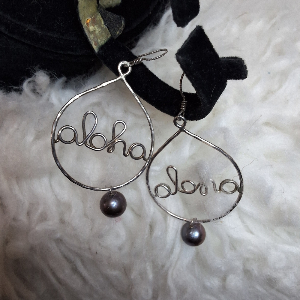 Aloha Script Dangle Earrings Sterling Silver Tone… - image 6